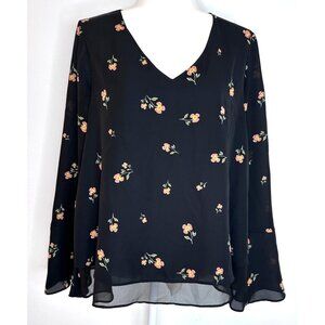 Lauren Conrad Blouse Women Large Black Lace Back Sheer Overlay Floral